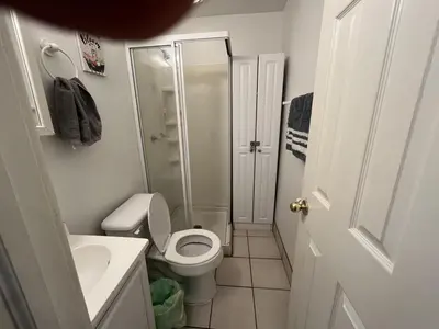 a small bathroom with a toilet and a shower at Inviting, Calming PR -Lourdes Hospital Binghamton in Johnson City
