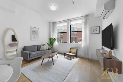 a living room with a couch and a tv at Beautifully Renovated 1 bedroom in Prime Manhattan in New York