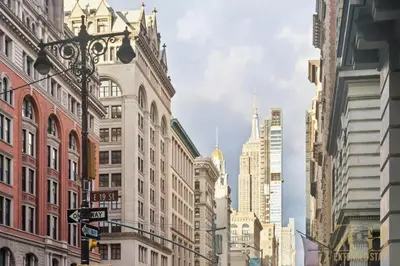 a city street with tall buildings and street signs at Spacious 3BR Flex 4 with Washer & Dryer in NoMad in New York