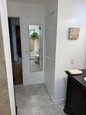 a bathroom with a mirror and a toilet in a room at Cozy room with Queen bed 20 min to NYC in Ridgefield Park