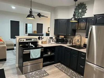 a kitchen with black cabinets and stainless steel appliances at Cozy Studio Apartment in Montgomery