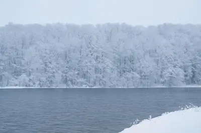 a lake covered in snow with trees in the background at Modern Lakeview Escape | Scenic Deck • Fire Pit in Monroe