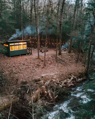 a tiny house in the woods next to a stream at Creekfront Cabin Sauna & Hot Tub Hikers Hollow in Cuddebackville