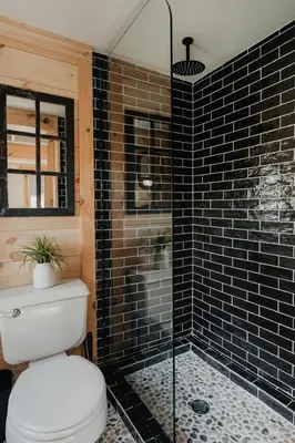 a bathroom with a toilet and a shower with black tiles at 1930's Vintage Cabin Hot Tub Kohler Cabin in Jeffersonville