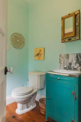 a bathroom with a toilet and a sink and a mirror at Secluded Charming Farmhouse Lake Views Firepit in Narrowsburg