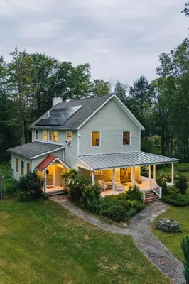 a large white house with a gambrel roof at Secluded Charming Farmhouse Lake Views Firepit in Narrowsburg