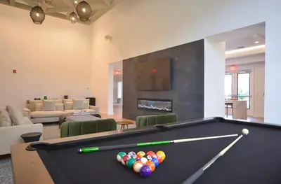 a pool table in a room with a living room at A private master room in modern complex shared apartment in Lawrenceville