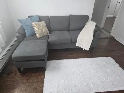 a living room with a grey couch and a white rug at Cozy Getaway 2-Penn Station,NJPAC,Prudential Center in Kearny