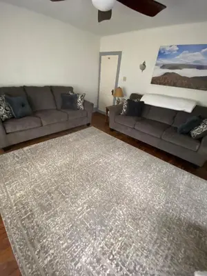 a living room with two couches and a rug at The Big House at Elk Creek Escape in Hillsgrove