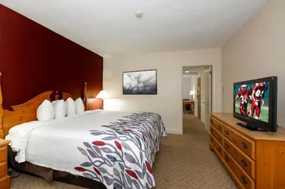 a hotel room with a bed and a flat screen tv at Red Roof Inn & Suites Hazleton in Hazleton