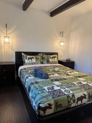a bedroom with a bed with a quilt with animals on it at Mountain View family escape in Albrightsville