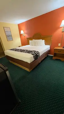 a hotel room with a bed and a flat screen tv at Red Bank Inn