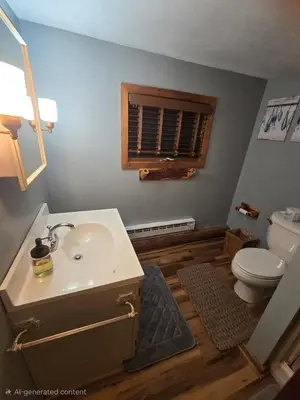 a bathroom with a sink and a toilet at 4BR Cabin by the Lake with Hot Tub, Game Room, Fire Pit in Lake Harmony