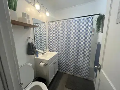 a bathroom with a sink and a toilet and a shower at NightShiftReady Binghamton Trades Nurses Welcome Private Room in Shared Apartment in Binghamton