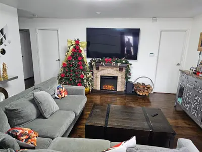 a living room with a christmas tree and a fireplace at Clientele in North Bergen