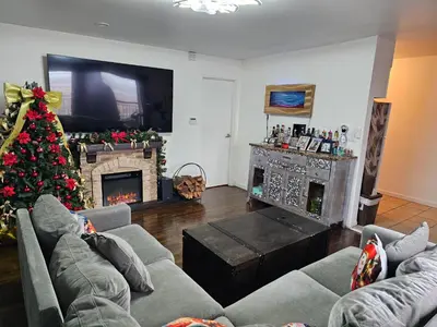 a living room with a christmas tree and a fireplace at Clientele in North Bergen