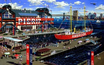 a model of a harbor with a boat in the water at Near Seaport In Chinatown in New York
