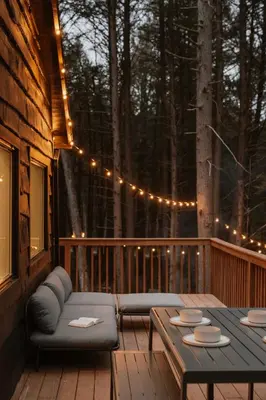a deck with a couch and a table and lights at Creekside Modern Cabin Sauna Hot Tub Niksen Den in Callicoon