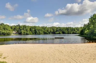 a lake with a bunch of ducks in the water at Fire Pit, Games and Outdoor Fun! Poconos Retreat in Blakeslee