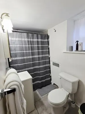 a bathroom with a toilet and a shower curtain at Sunny Oak Lane Studio Near Einstein, LaSalle, Center City in Philadelphia