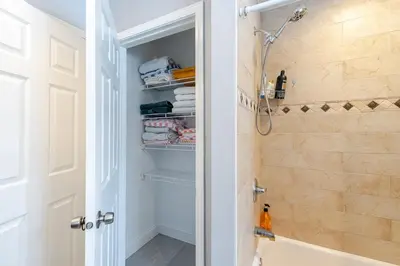 a bathroom with a shower and a walk in closet at Lakeview Family Retreat Newly Renovated 4BR House in Pocono Country Place