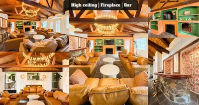 a collage of photos of a living room with leather furniture at 6000sf Luxe Estate Pond|Tennis|Sauna|Hottub|Movie in East Stroudsburg