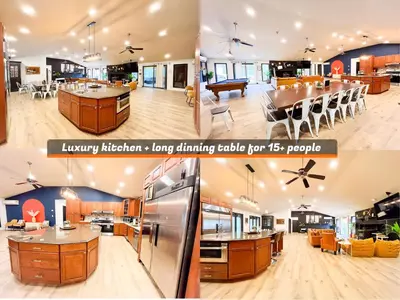 a kitchen and living room with a large open floor plan at 6bds|Secluded|Pool|Hot tub|Sauna|Games|Movie in Long Pond