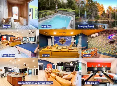 a collage of four pictures of a house at 6bds|Secluded|Pool|Hot tub|Sauna|Games|Movie in Long Pond