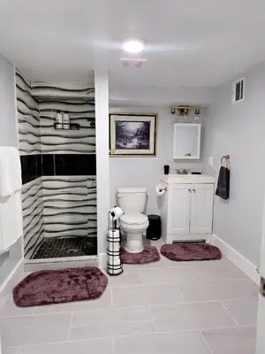 a bathroom with a toilet and a shower with rugs at Modern Newark 1BR Apartment, Near Penn Station and EWR in Newark