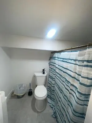 a bathroom with a toilet and a shower curtain at Cozy Home 422 South 16th street in Newark