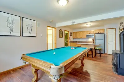 a pool table in a room with a kitchen at Game Room Retreat 5 Mi to Big Boulder Mtn in Blakeslee