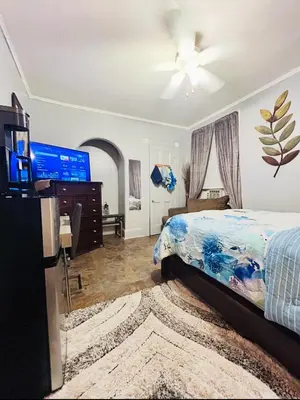 a bedroom with a bed and a flat screen tv at Big Mama's House in Paterson