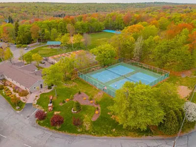 an overhead view of a garden with a pool at Monster-themed lake front cabin with firepit sauna hot tub game room in Tobyhanna