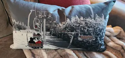 a pillow with a picture of a ski lift at Lakefront Hot Tub Canoes Game Room Wood FP in Gouldsboro