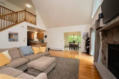 a living room with a couch and a fireplace at The Lookout Lake Masthope Firepit Arcade in Lackawaxen