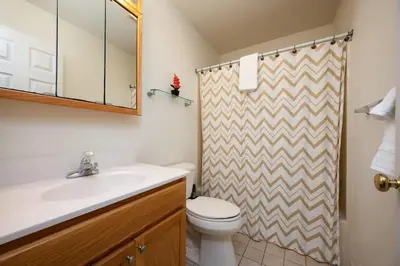 a bathroom with a sink and a toilet and a shower at The Lookout Lake Masthope Firepit Arcade in Lackawaxen