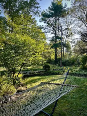 a hammock in the grass in a park at Woodside Cabin in Delaware Water Gap in Dingmans Ferry