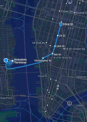 a map of a city with blue dots at New Cozy Must Have Stay! 10 minutes to NYC in Hoboken