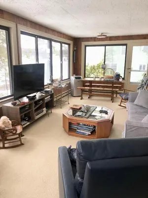 a living room with a couch and a tv at Holly Cottage Quaker Lake in Brackney