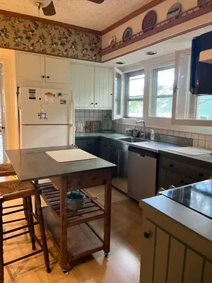 a kitchen with a refrigerator and a table in it at Holly Cottage Quaker Lake in Brackney
