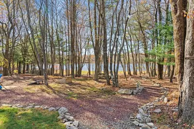 a wooded area with trees and a body of water at Lakefront with Beach Game Room Fire-pit and More in Blakeslee