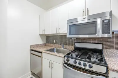 a kitchen with a stove and a microwave at Chelsea 1BR in Shared Apt with Laundry and Rooftop in New York