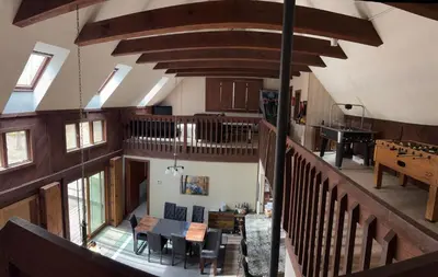 an overhead view of a living room and kitchen in a house at Ambro's Place in Lake Ariel