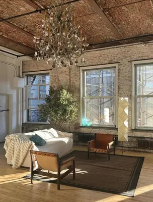 a bedroom with a bed and a chandelier at Sun-Filled Luxury Historic 2 Bedrooms apto in New York