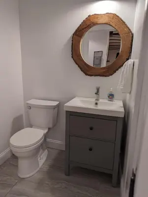 a bathroom with a toilet and a sink and a mirror at Carriage House Apartment Close to Legoland NY in Goshen