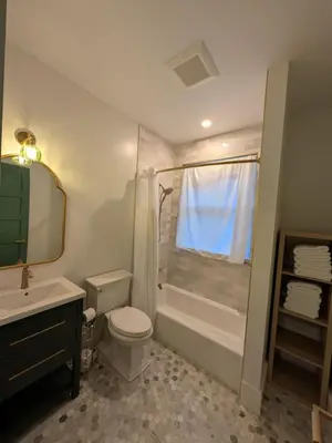 a bathroom with a toilet and a shower and a sink at Parkway House Goshen Bed And Breakfast Suite 2 in Goshen