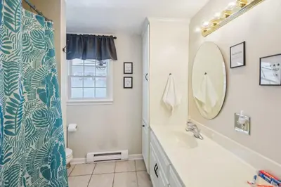 a bathroom with a shower curtain and a sink at The Riverfront in Easton