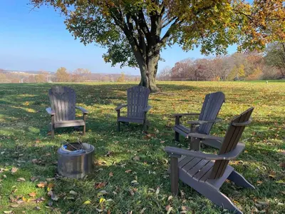 three chairs sitting in the grass under a tree at Charming Farmhouse In Quarryville,PA in Quarryville