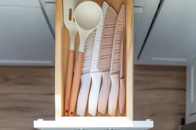 a wooden box with spoon and other kitchen utensils at 17m to NYC,5 min to American Dream,2Parking Spaces in Carlstadt