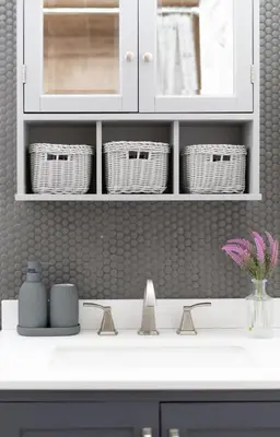 a kitchen counter with white cabinets and baskets at 17m to NYC,5 min to American Dream,2Parking Spaces in Carlstadt